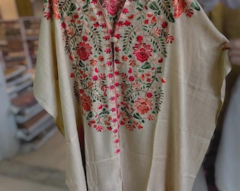 Kashmiri Embroidered Wool Blend Cape Shawl: Elegant Floral Winter Wrap