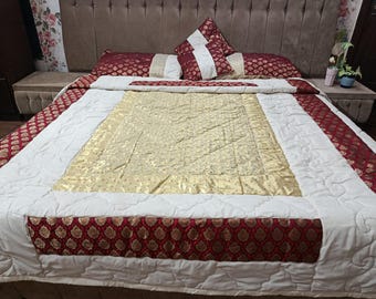 Embroidered Cotton King Size Quilt Bed Set with Pillowcases & Cushion Covers