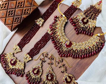 Gold-Plated Polki Beads Jewelry Set of 3: Pakistani Bridal Choker, Mala & Earrings