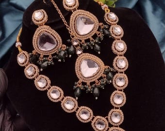 Handmade Kundan Jewelry Set: Ethnic Dangle Earrings with Necklace (Set of 4)