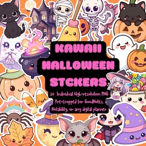 May include: A collection of Kawaii Halloween stickers featuring cute illustrations of a black cat, ghost, pumpkin, witch, and other spooky characters. The stickers are pre-cropped and designed for digital planners.
