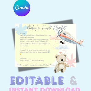 Könnte beinhalten: Eine hellblaue digitale Einladung mit dem Text "Baby's First Flight" und einer Aquarellillustration eines Flugzeugs und eines Teddybären. Die Einladung enthält auch den Text "EDITABLE & INSTANT DOWNLOAD".