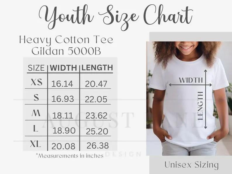 May include: A white t-shirt with a youth size chart, featuring measurements in inches for width and length. The chart includes sizes XS to XL, with the text "Unisex Sizing" at the bottom. The shirt is made of heavy cotton, Gildan 5000B.