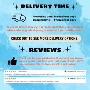 May include: A graphic with the text "DELIVERY TIME" and "REVIEWS" on a blue background. The image includes a truck icon, customer reviews, and text about processing and shipping times. Customer reviews are also displayed.