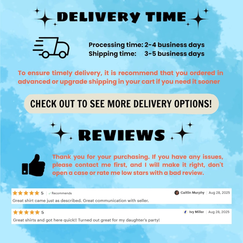 May include: A graphic with the text "DELIVERY TIME" and "REVIEWS" on a blue background. The image includes a truck icon, customer reviews, and text about processing and shipping times. Customer reviews are also displayed.