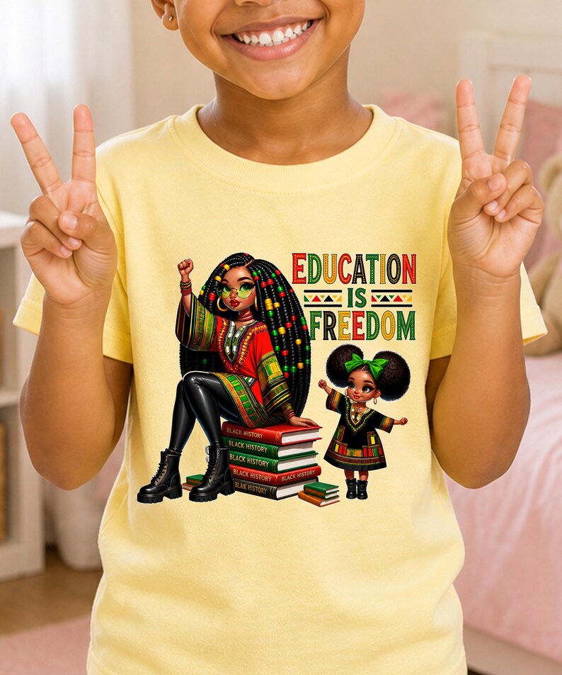 May include: Yellow t-shirt featuring a graphic of two Black girls, one seated on books labeled "Black History." The text "Education is Freedom" is displayed in red, green, and black. The girls are wearing colorful outfits and boots.