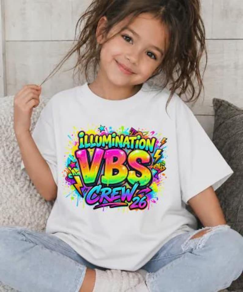 May include: White t-shirt with a colorful graphic that reads "ILLUMINATION VBS CREW 26". The design features bright colors, including yellow, green, blue, and pink, with a graffiti-style aesthetic. The shirt is worn by a young person.
