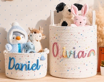 Handgemaakte kleurrijke opbergmand in confetti-stijl | Aanpasbaar met naam | Cadeau voor een babyshower
