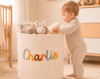 Personalized Ribbed Toy Basket, Custom Baby Name Storage Bin, Cream Nursery Decor
