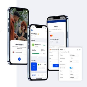 May include: A digital mockup of an insurance mobile app interface, displaying features like policies, claims, and coverage. The app shows screens with user interface elements, including a 'Get Started' screen and card details. The design is clean and modern.