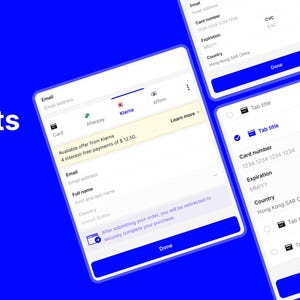 May include: A blue background with the text "Modern Payment UI Components" and a list of features. Several white mobile device screens display payment forms with fields for email, card details, and country.
