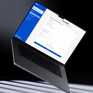 May include: A silver laptop with a black keyboard and a bright blue screen displaying a form labeled "New request." The screen also shows a blue sidebar with icons and the word "Logo" at the top. The background is black.