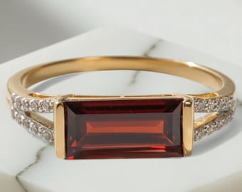 14K Solid Gold Emerald Cut Garnet Diamond Engagement Ring January Birthstone Gift For Lovers