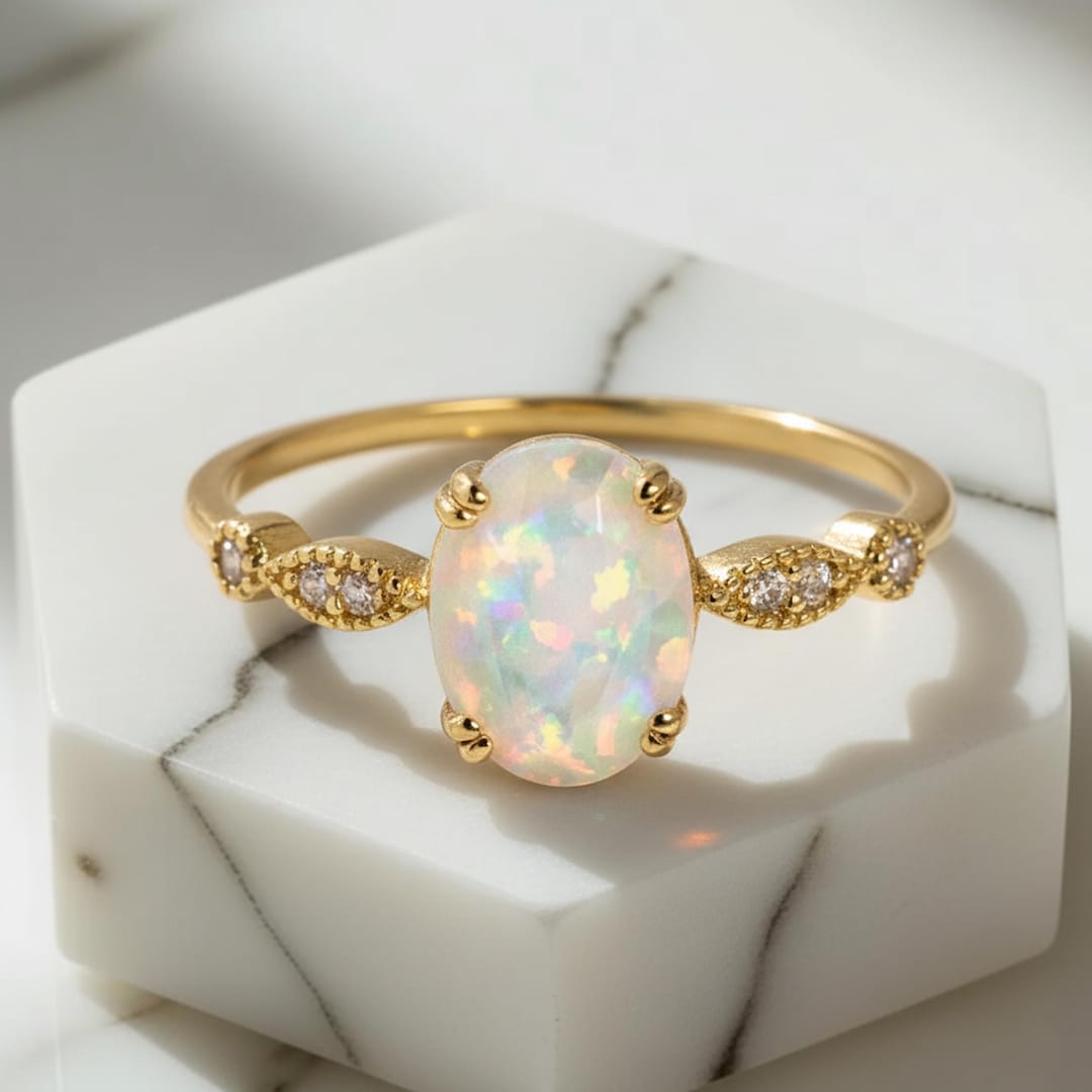 Opal 14k Solid Gold Wedding Ring October Birthstone Ring Stunning Oval ...