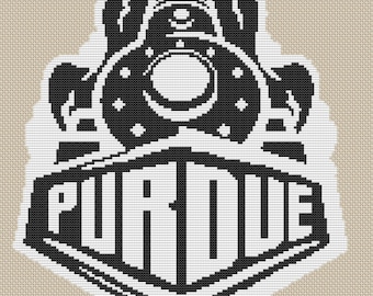 Könnte beinhalten: Schwarz-weiß Purdue Boilermakers Logo. Das Logo zeigt einen stilisierten Zug mit dem Wort "PURDUE" in fetten Großbuchstaben. Das Design befindet sich vor einem beigefarbenen Hintergrund.