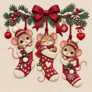 May include: An embroidered illustration of three brown mice peeking out of red and white knit Christmas stockings. The stockings hang from a pine branch adorned with a large red bow, pinecones, red berries, and small red ornaments.