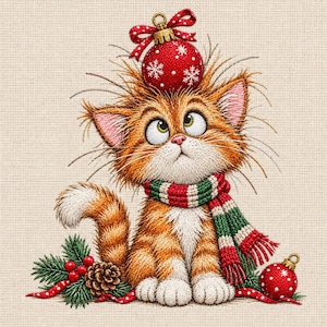 Könnte beinhalten: Eine gestickte Illustration eines flauschigen orangefarbenen getigerten Kätzchens mit schielenden Augen, das einen rot-grün-weiß gestreiften Schal trägt. Eine rote Weihnachtskugel mit weißen Schneeflocken liegt auf dem Kopf, darunter eine weitere Kugel, Tannenzweige und Beeren.
