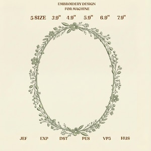 Broderidesign med salviagrön oval blommig krans, delikat blad- och bärkantmönster, monogramramfil