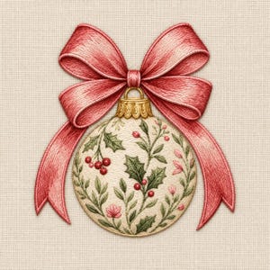 以下が含まれることがあります： クリーム色の背景に緑のヒイラギの葉と赤い実の刺繍が施された丸いクリスマスオーナメント。オーナメントの上部には金色のキャップが付いており、その上には大きな質感のある赤い布製の蝶結びが飾られています。