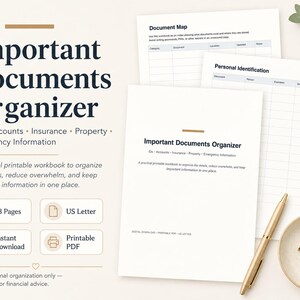 Puede incluir: Un organizador de documentos importantes imprimible con secciones para identificaciones, cuentas, seguros, propiedades e información de emergencia. El set incluye 13 páginas en formato US Letter, un bolígrafo dorado y clips.