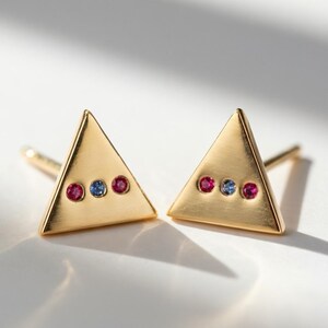 18K Gold Triangle Stud Earrings, Ruby Sapphire Gemstones, Minimalist Geometric Design