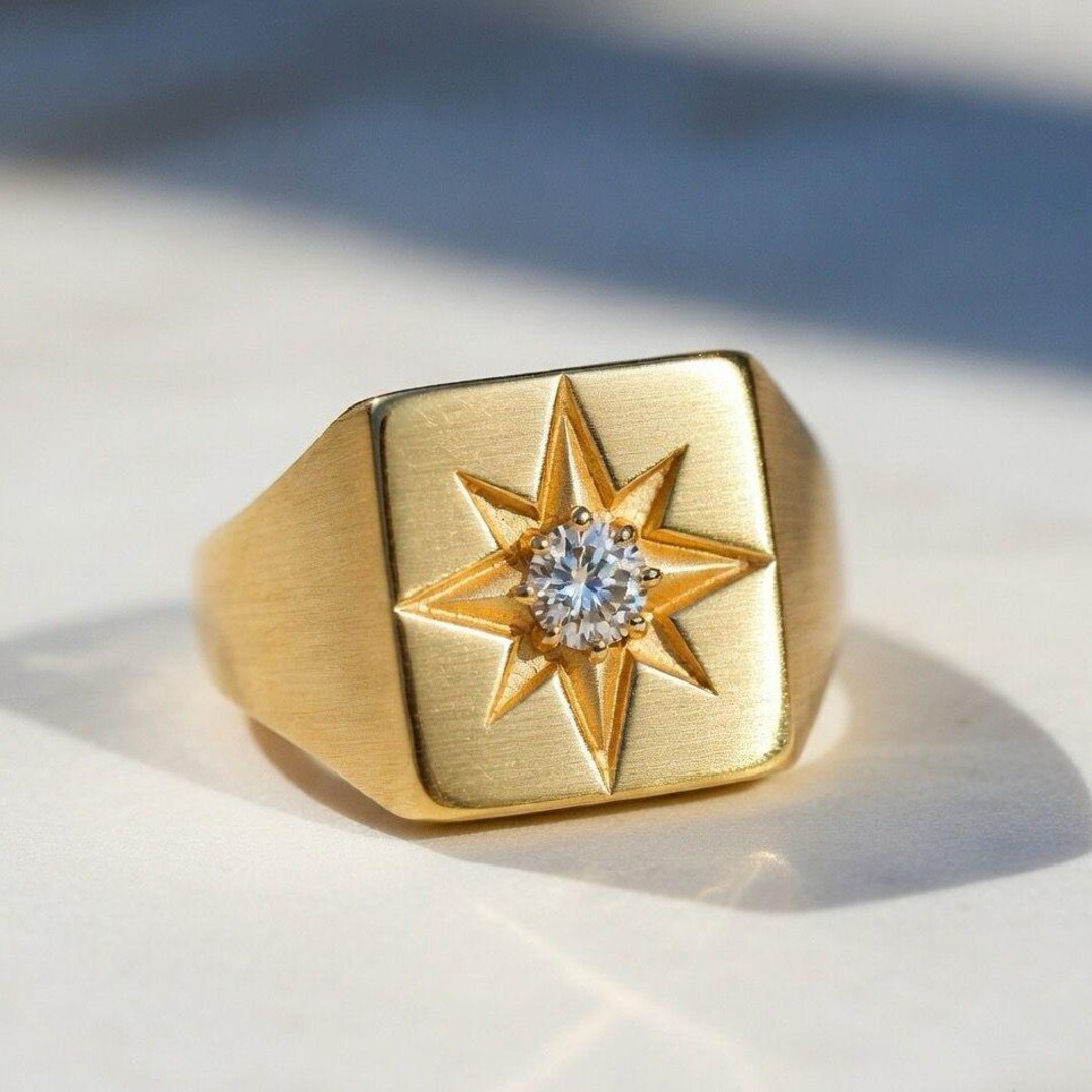 14k Gold North Star Signet Ring: Celestial Starburst Statement Ring - Etsy
