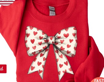 Valentine's Day Coquette  Heart Bow Sweatshirt, Retro Valentine Shirt, Valentines day Bow Shirt, Bow Valentine Gifts, Coquette Bow T Shirt