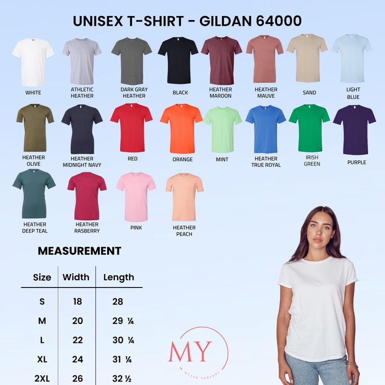 Peut inclure: Divers t-shirts unisex Gildan 64000 de diff&eacute;rentes couleurs, dont blanc, noir, rouge et rose. Les mesures sont fournies en cm pour les tailles S, M, L, XL et 2XL. La largeur varie de 45,7 &agrave; 66 cm et la longueur de 71,1 &agrave; 82,6 cm.