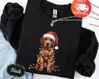 Christmas Chocolate Labrador SweatShirt | Christmas Lights Dog Tee | Christmas Dog Lab Mom Shirt | Gift for Dog Lover | Chocolate Lab Shirt