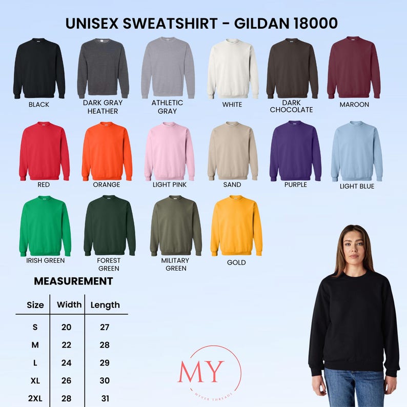 Peut inclure: Pr&eacute;sentation de sweatshirts unisexes Gildan 18000 en plusieurs couleurs, comme le noir, le gris, le rouge et l'or. L'image affiche un tableau des tailles avec des mesures en centim&egrave;tres. Une femme porte un sweat-shirt noir.