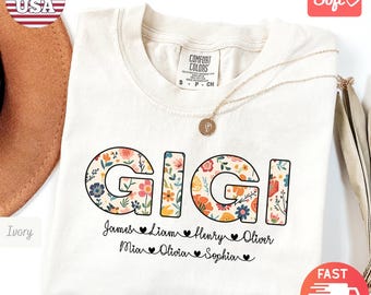 Comfort Colors® Personalized Gigi Shirt with Grandkids Names | Floral Gigi T-Shirt | Gigi Gifts Mother's Day Shirt |Custom Names Grandma Tee