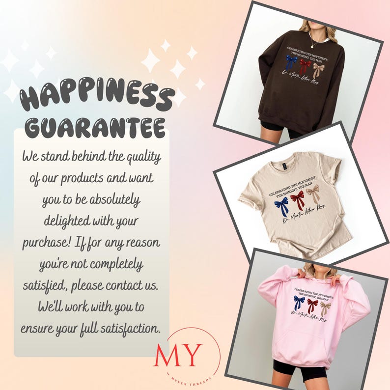Peut inclure: L'image pr&eacute;sente trois articles vestimentaires : un sweat-shirt marron, un t-shirt beige et un sweat-shirt rose. Chaque v&ecirc;tement arbore un motif avec trois n&oelig;uds bleus, rouges et beiges, ainsi que le texte "CELEBRATING THE MOVEMENT, THE MOMENT, THE MAN, Dr. Martin Luther King."