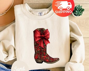 Howdy Christmas Cowgirl Coquette Sweatshirt | Christmas Western Shirt | Women's Christmas Holiday Coquette Boots Sweater | Xmas Coquette Tee