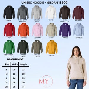 Peut inclure: Pr&eacute;sentation de sweats &agrave; capuche unisexes de diff&eacute;rentes couleurs : noir, gris, blanc, rouge, orange, rose, vert et or. L'image affiche &eacute;galement un tableau des tailles avec des mesures en pouces pour la largeur et la longueur, et le texte "UNISEX HOODIE - GILDAN 18500".