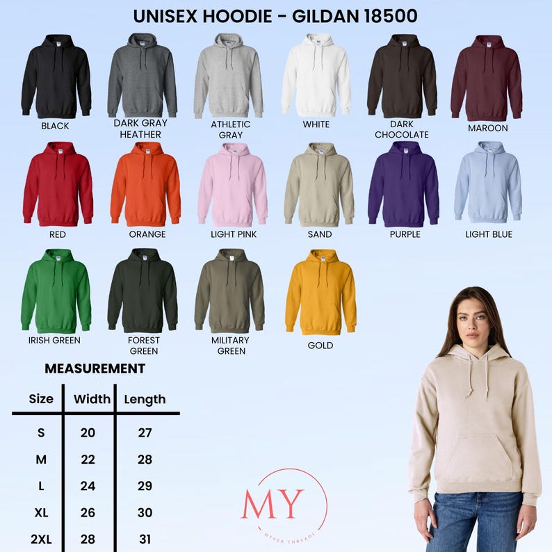 Peut inclure: Pr&eacute;sentation de sweats &agrave; capuche unisexes de diff&eacute;rentes couleurs : noir, gris, blanc, rouge, orange, rose, vert et or. L'image affiche &eacute;galement un tableau des tailles avec des mesures en pouces pour la largeur et la longueur, et le texte "UNISEX HOODIE - GILDAN 18500".