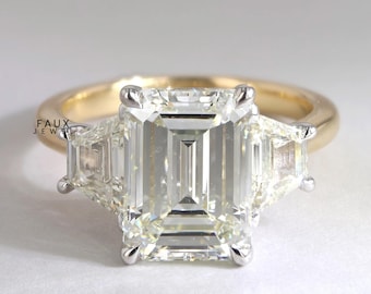 Two Tone Wedding Band Ring, Three Stone Proposal Ring for Women's, 2 Ct Center Stone Emerald Cut Moissanite, Two Metal Silver Ring