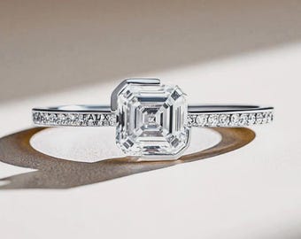 Precioso anillo de boda, anillo de compromiso con engaste de medio bisel, regalo de aniversario para esposa, anillo solitario de plata de 14 quilates, moissanita talla Asscher de 1,2 quilates.