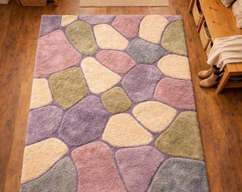 9 x 12 handgetuft wollen vloerkleed; Oudroze en zacht lavendel, modern geometrisch ontwerp; hoog- en laagpolig tapijt;