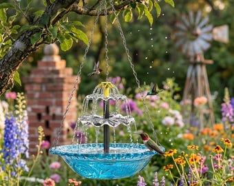 Fuente colgante solar con cascada para pájaros - Elemento acuático alimentado por energía solar, decoración colgante para jardín, bebedero para colibríes con niveles en cascada