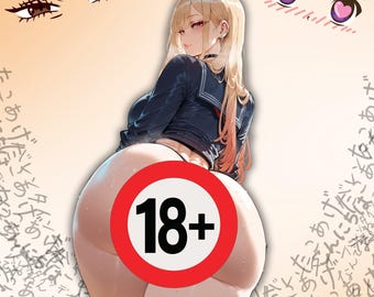 May include: An anime-style illustration of a female figure in a dark blue sailor uniform. The image includes a red "18+" symbol, with Japanese text and cartoon eyes in the background.