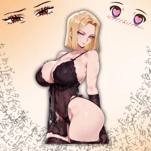 May include: Anime-style illustration of a woman with blonde hair and blue eyes, wearing black lingerie with lace detailing. The image includes stylized eyes and Japanese text around the edges.