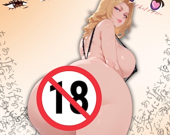 May include: An illustration of a woman with blonde hair and a black lingerie set. The image has a red circle with the number 18 in the center, indicating it is for adults only. The background has Japanese text and cartoon eyes.