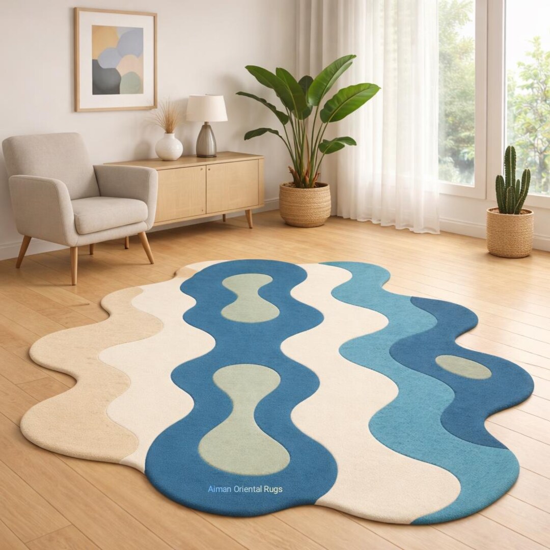 Luxury Abstract Wave Tufted Rug – Handmade Blue & Cream Organic Fluid ...