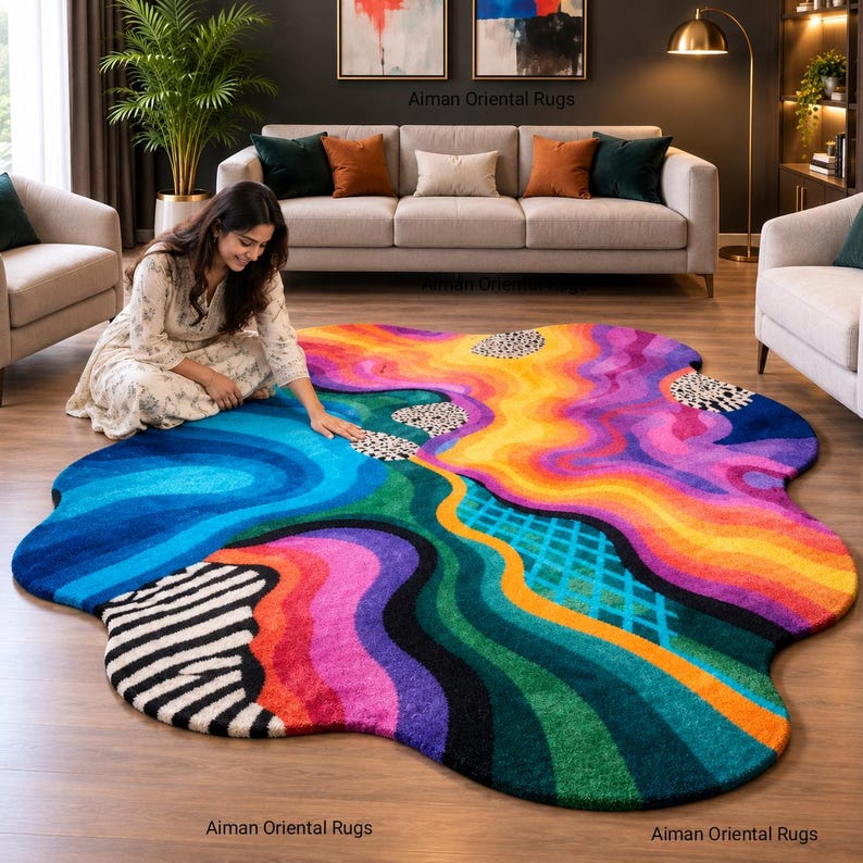 Handmade Tufted Abstract Rug, Colorful Organic Shape, Modern Art Carpet ...