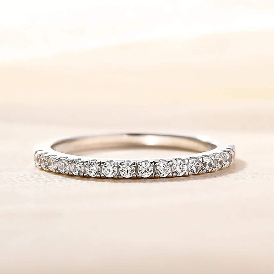 14k Solid White Gold Half Eternity Band / Round Cut Moissanite Wedding ...