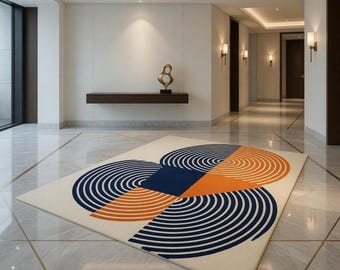 Hand Tufted Geometric Rug, Abstract Circles, Navy Blue Orange Cream Area Rug
