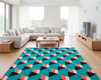 Hand Tufted Wool Rug, Geometric Teal Abstract Pattern, Modern Living Room Carpet