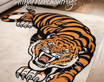 Handgetufteter Tiger Teppich, Statement Teppich mit Tier Muster, Moderne Wildtiere Wohnzimmer Dekor