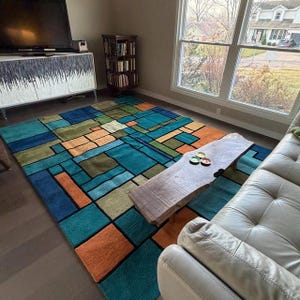 Geometric Block Rug – Teal Green Orange Modern Area Rug – Abstract Colorful Carpet Teppich