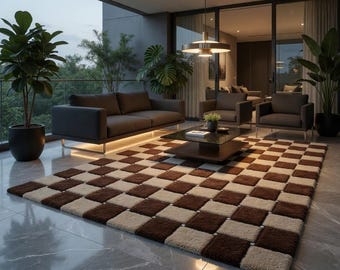 Handgetuft geruit vloerkleed, bruinbeige geometrisch woonkamertapijt, decor in Scandinavische stijl